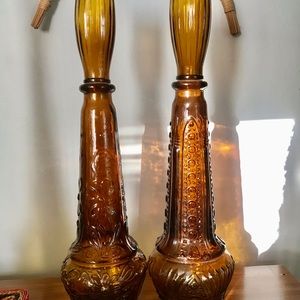 Set of 2 Vintage MCM Art Dabs Amber Genie Bottles/Decanters, Made in Portugal